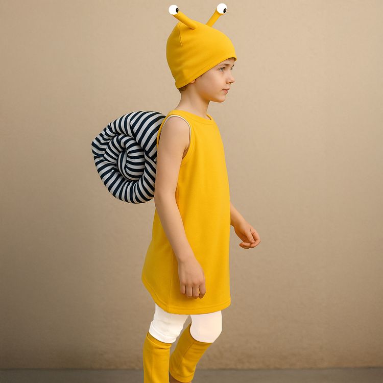 Schnecken Kostüm Fine mit Schneckenhaus für Kinder kniend von der Seite