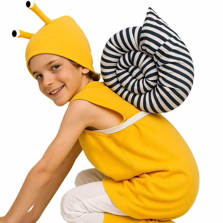 Schnecken Kostüm Fine mit Schneckenhaus für Kinder Gr. 116-140 Tier Tierkostüm Fasching Karneval Mottoparty Detailaufnahme Schnecken Kostüm Fine mit Schneckenhaus für Kinder kniend von der Seite