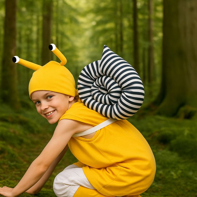 Schnecken Kostüm Fine mit Schneckenhaus für Kinder kniend von der Seite