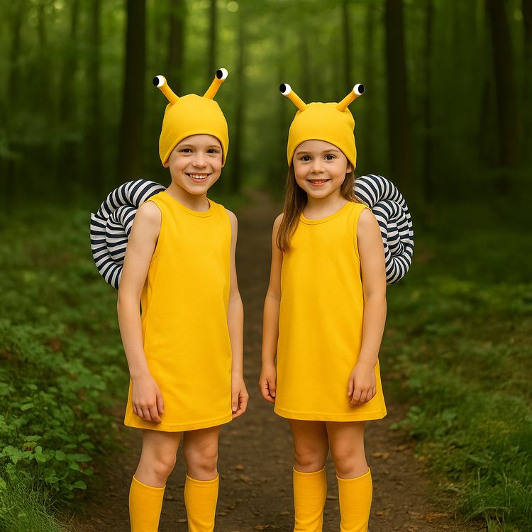 Schnecken Kostüm Fine mit Schneckenhaus für Kinder kniend von der Seite