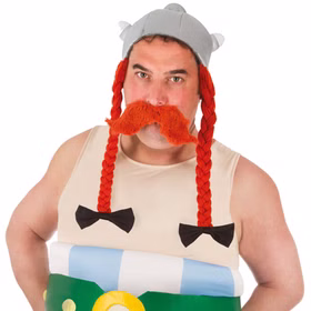 Obelix Helm aus Stoff mit roter geflochtener Zopf-Perücke für Herren mit passendem Obelix-Kostüm von Vorne