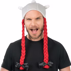 Obelix Helm aus Stoff mit roter geflochtener Zopf-Perücke für Herren von Vorne