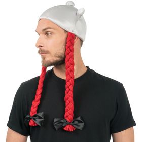 Obelix Helm aus Stoff mit roter geflochtener Zopf-Perücke für Herren von Vorne
