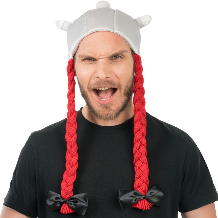 Obelix Helm aus Stoff mit roter geflochtener Zopf-Perücke für Herren von Vorne