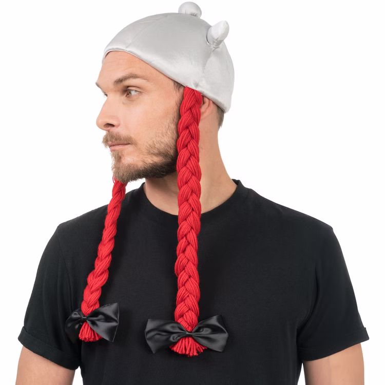 Obelix Helm aus Stoff mit roter geflochtener Zopf-Perücke für Herren Kostüm-Zubehör Fasching Karneval Mottoparty Obelix Helm aus Stoff mit roter geflochtener Zopf-Perücke für Herren seitlich von Vorne