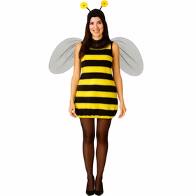 Bienen Kostüm Queen Bee mit Flügeln & Fühlern für Damen Gr. S-XL Kleid Tier Tierkostüm Fasching Karneval Mottoparty Gruppen- und Familienkostüm Frau im gelb-schwarz gestreiften Bienenkostüm mit Flügeln und Fühlern, frontal auf weißem Hintergrund