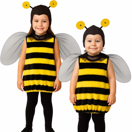 Bienen Kostüm Bzarella mit Flügeln & Fühlern für Kinder Gr. 92-116 Tier Tierkostüm Fasching Karneval Mottoparty Rollenspiel Gruppen- und Familienkostüm Zwei Kinder in Bienenkostümen mit Flügeln und Fühlern nebeneinander auf weißem Hintergrund. Hinweis: KI generiertes Bild