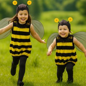 Zwei Kinder in Bienenkostümen mit Flügeln und Fühlern nebeneinander auf weißem Hintergrund.