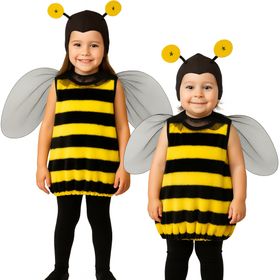 Zwei Kinder in Bienenkostümen mit Flügeln und Fühlern nebeneinander auf weißem Hintergrund.