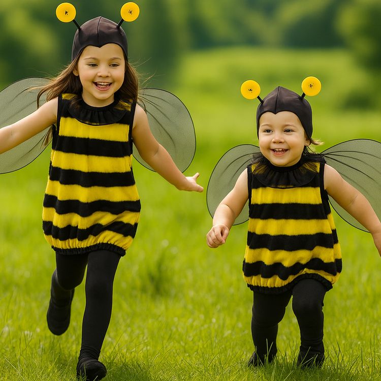 Bienen Kostüm Bzarella mit Flügeln & Fühlern für Kinder Zwei Kinder in Bienenkostümen mit Flügeln und Fühlern nebeneinander auf weißem Hintergrund.