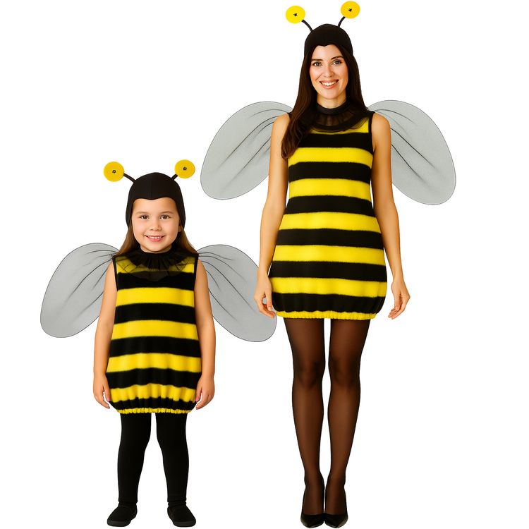 Bienen Kostüm Bzarella mit Flügeln & Fühlern für Kinder Zwei Kinder in Bienenkostümen mit Flügeln und Fühlern nebeneinander auf weißem Hintergrund.