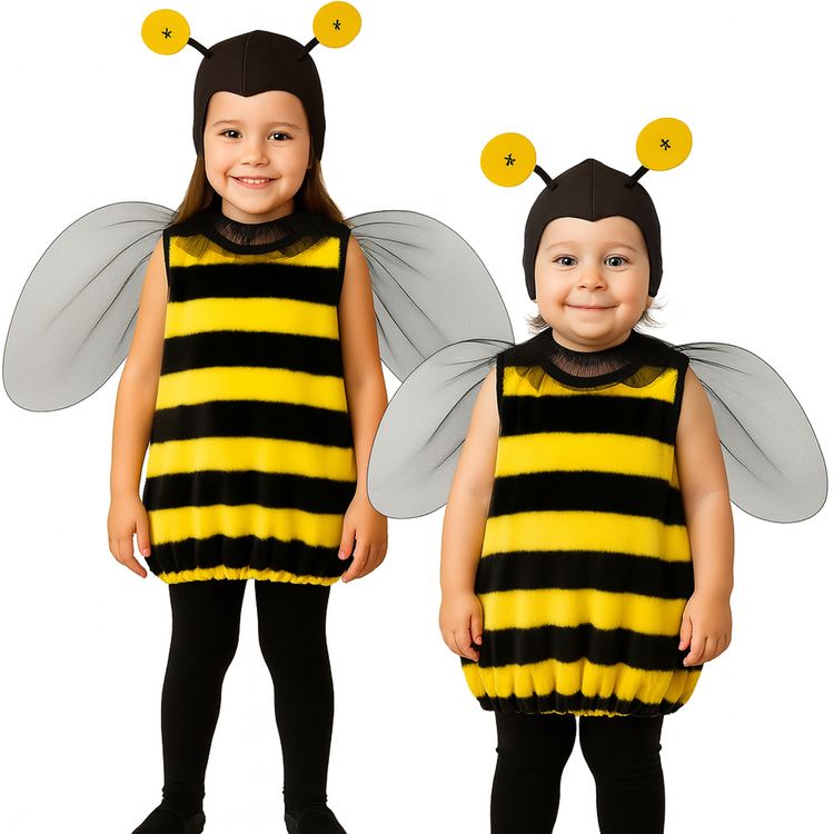 Zwei Kinder in Bienenkostümen mit Flügeln und Fühlern nebeneinander auf weißem Hintergrund.