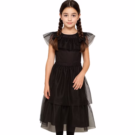 Halloween Gothic Kleid Schattenprinzessin Schwarz Mitternachtsball für Kinder Wednesday Mittwoch Fasching Karneval Mottoparty Halloween Gothic Kleid Schattenprinzessin Schwarz Mitternachtsball für Kinder von Vorne