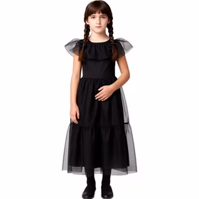Halloween Gothic Kleid Schattenprinzessin Schwarz Mitternachtsball für Kinder Wednesday Mittwoch Fasching Karneval Mottoparty Halloween Gothic Kleid Schattenprinzessin Schwarz Mitternachtsball für Kinder von Vorne