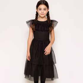 Halloween Gothic Kleid Schattenprinzessin Schwarz Mitternachtsball für Kinder Wednesday Mittwoch Fasching Karneval Mottoparty Halloween Gothic Kleid Schattenprinzessin Schwarz Mitternachtsball für Kinder von Vorne