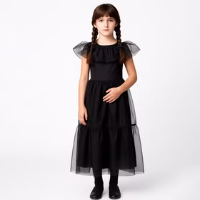 Halloween Gothic Kleid Schattenprinzessin Schwarz Mitternachtsball für Kinder Wednesday Mittwoch Fasching Karneval Mottoparty Halloween Gothic Kleid Schattenprinzessin Schwarz Mitternachtsball für Kinder von Vorne