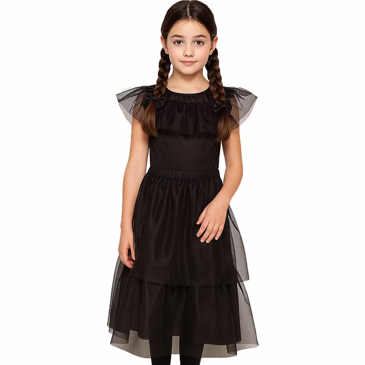 Halloween Gothic Kleid Schattenprinzessin Schwarz Mitternachtsball für Kinder Wednesday Mittwoch Fasching Karneval Mottoparty Halloween Gothic Kleid Schattenprinzessin Schwarz Mitternachtsball für Kinder von Vorne