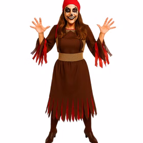 Hexen Kostüm Hexe vom Feuerwald für Damen Gr. 40-46 Kleid Halloween Walpurgisnacht Fasching Mottoparty Hexen Kostüm Hexe vom Feuerwald für Damen von Vorne mit geschminktem Halloween-Gesicht
