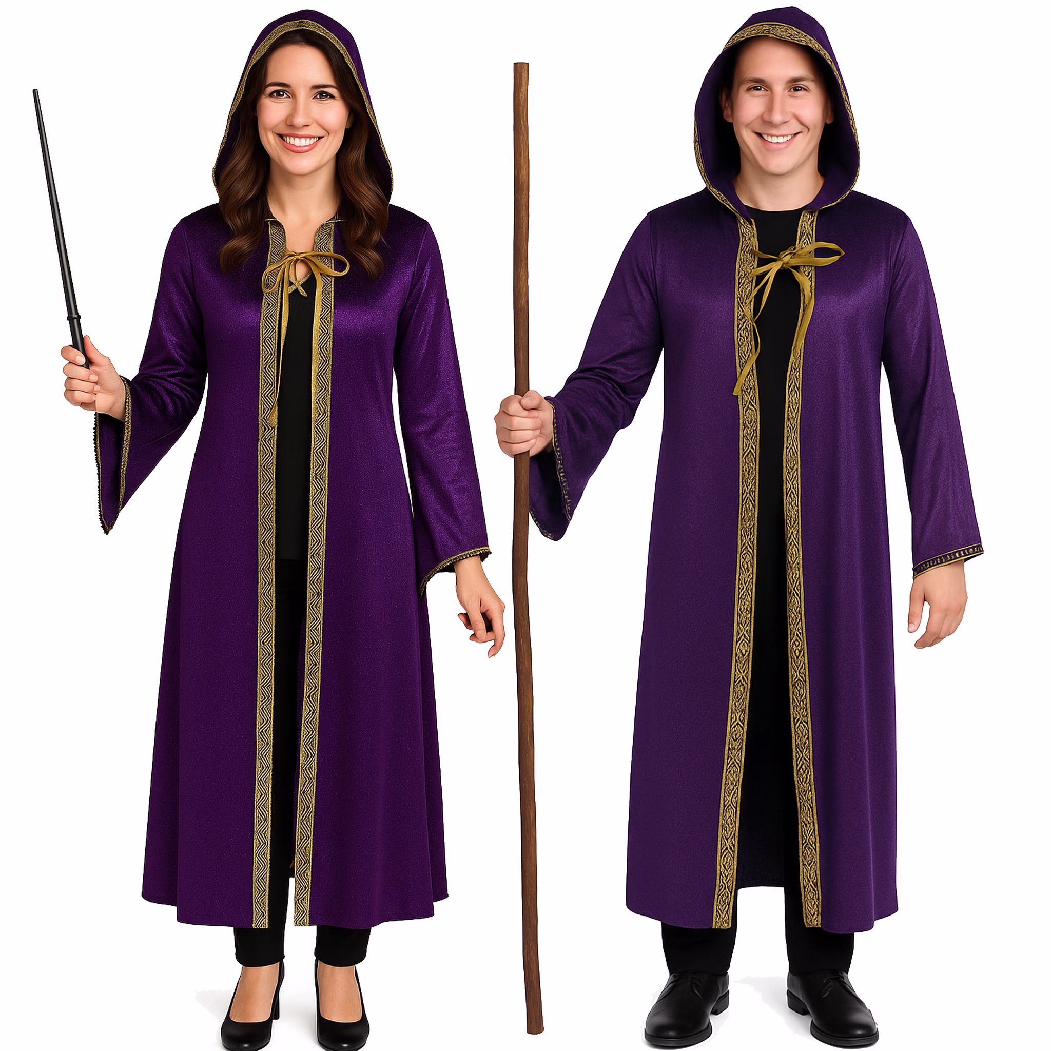 Zauberer Kostüm Magic Langer Umhang mit Kapuze Lila Gold für Erwachsene Fasching Karneval Mottoparty Halloween Walpurgisnacht Zauberer Kostüm Magic für Erwachsene von Vorne Hinweis: KI generiertes Bild