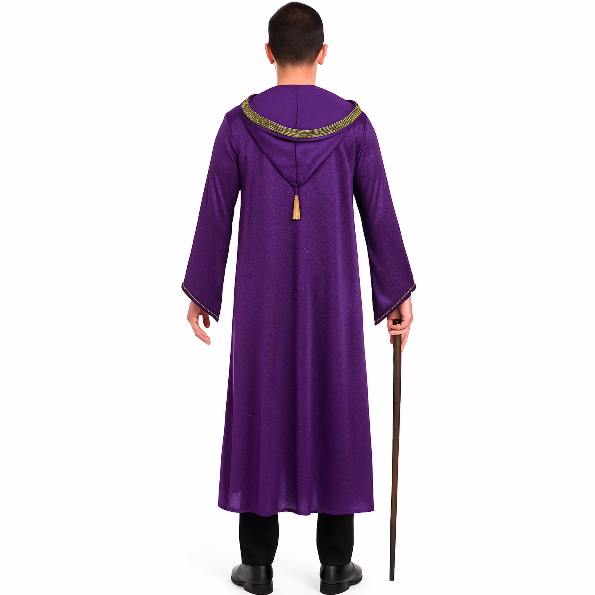 Zauberer Kostüm Magic Langer Umhang mit Kapuze Lila Gold für Erwachsene Fasching Karneval Mottoparty Halloween Walpurgisnacht Zauberer Kostüm Magic mit Gehstock in der rechten Hand von Hinten Hinweis: KI generiertes Bild
