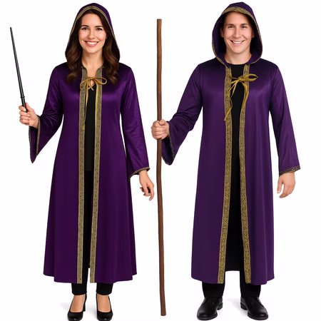 Zauberer Kostüm Magic Langer Umhang mit Kapuze Lila Gold für Erwachsene Fasching Karneval Mottoparty Halloween Walpurgisnacht Zauberer Kostüm Magic für Erwachsene von Vorne Hinweis: KI generiertes Bild