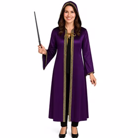 Zauberer Kostüm Magic Langer Umhang mit Kapuze Lila Gold für Erwachsene Fasching Karneval Mottoparty Halloween Walpurgisnacht Zauberer Kostüm Magic Magierin mit Zauberstab von Vorne
