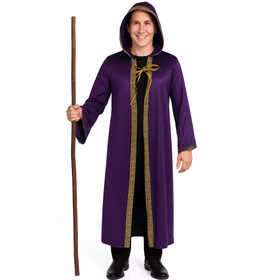 Zauberer Kostüm Magic Langer Umhang mit Kapuze Lila Gold für Erwachsene Fasching Karneval Mottoparty Halloween Walpurgisnacht Zauberer Kostüm Magic Magier mit riesigem Zauberstab von Vorne