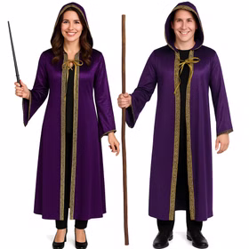 Zauberer Kostüm Magic Langer Umhang mit Kapuze Lila Gold für Erwachsene Fasching Karneval Mottoparty Halloween Walpurgisnacht Zauberer Kostüm Magic für Erwachsene von Vorne