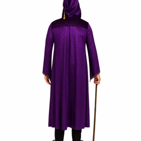 Zauberer Kostüm Magic Langer Umhang mit Kapuze Lila Gold für Erwachsene Fasching Karneval Mottoparty Halloween Walpurgisnacht Zauberer Kostüm Magic mit Gehstock in der rechten Hand mit aufgesetzter Kapuze von Hinten