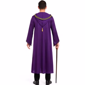 Zauberer Kostüm Magic Langer Umhang mit Kapuze Lila Gold für Erwachsene Fasching Karneval Mottoparty Halloween Walpurgisnacht Zauberer Kostüm Magic mit Gehstock in der rechten Hand von Hinten