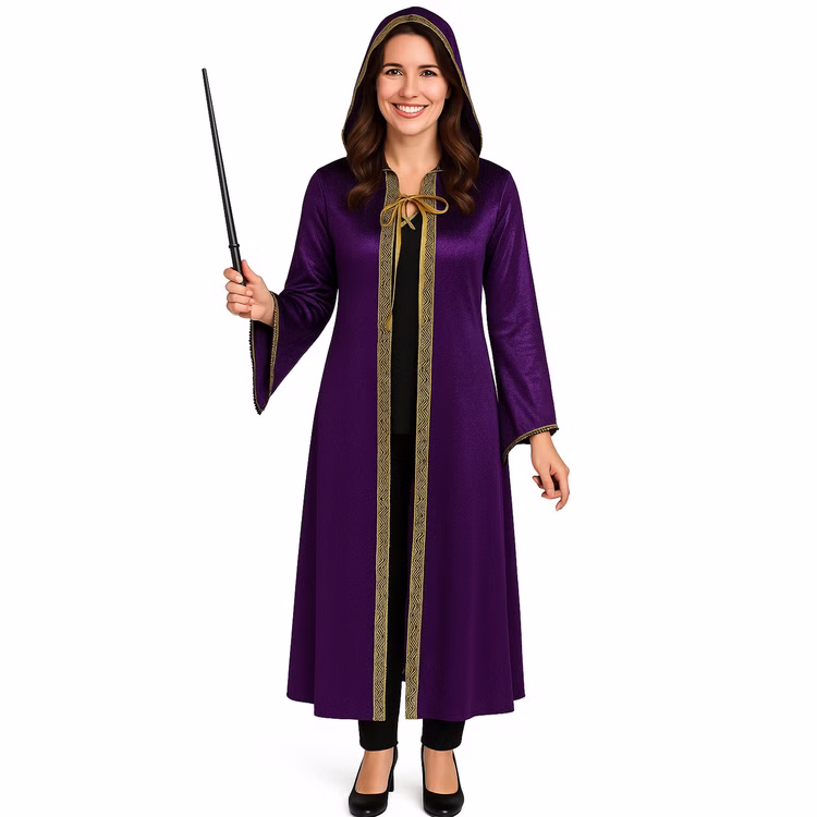 Zauberer Kostüm Magic Langer Umhang mit Kapuze Lila Gold für Erwachsene Fasching Karneval Mottoparty Halloween Walpurgisnacht Zauberer Kostüm Magic Magierin mit Zauberstab von Vorne