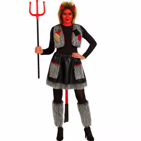 Teufel Kostüm Dravina Höllenglanz Grau mit langem Schwanz für Damen Gr. 36-42 Fasching Karneval Mottoparty Teufel Kostüm Dravina Höllenglanz für Damen mit geschminktem Teufel-Gesicht und Teufel-Dreizack in der rechten Hand von Vorne