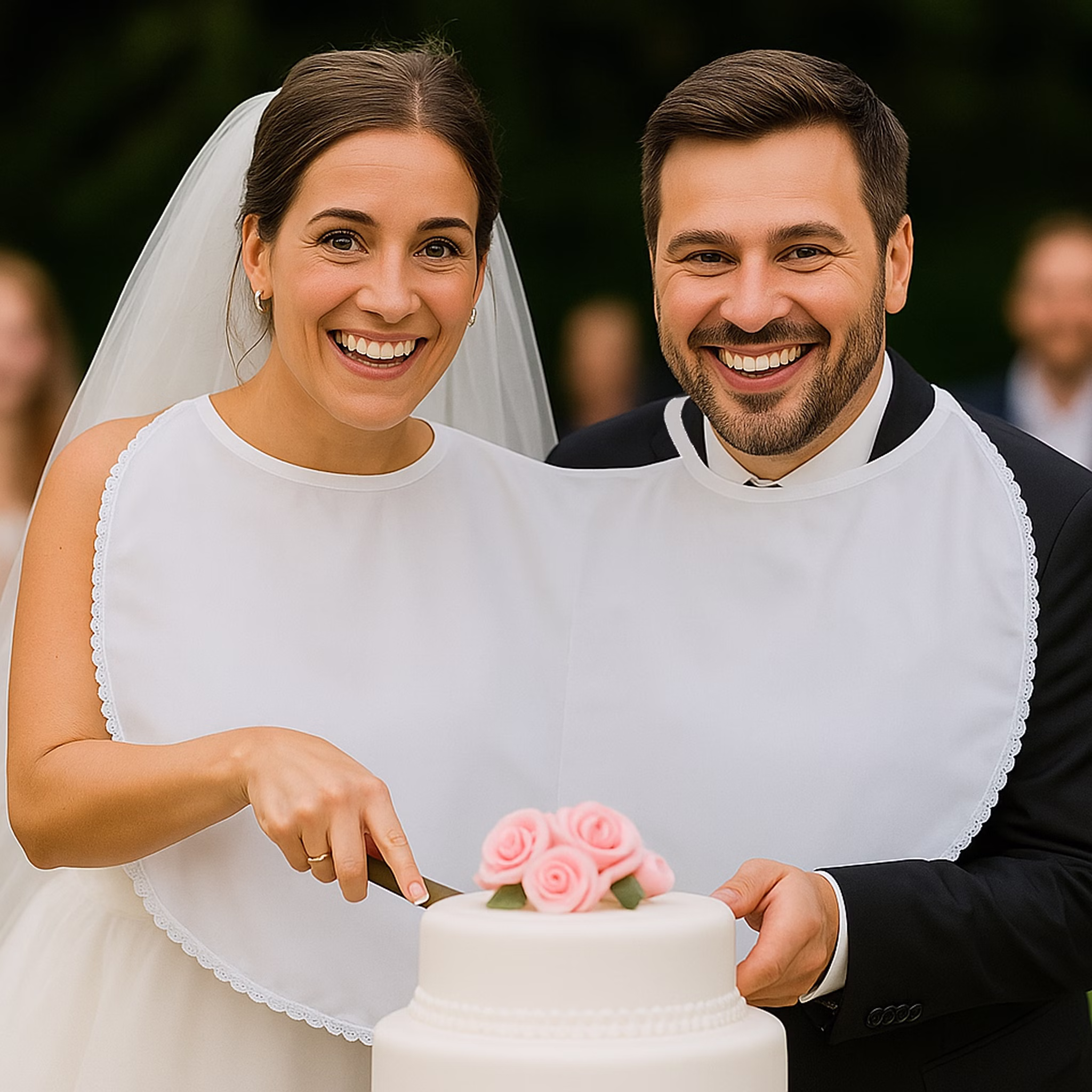 Doppel-Lätzchen weiß mit Spitze Hochzeit Party-Gag für Braut & Bräutigam Für immer zusammen Partyspiele Hochzeitsspiele Geburtstag Jubiläum Silberhochzeit Braut & Bräutigam tragen das Doppel-Lätzchen und schneiden gemeinsam die Hochzeitstorte an Hinweis: KI generiertes Bild
