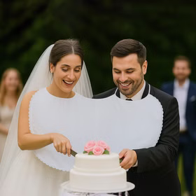 Doppel-Lätzchen weiß mit Spitze Hochzeit Party-Gag für Braut & Bräutigam Für immer zusammen Partyspiele Hochzeitsspiele Geburtstag Jubiläum Silberhochzeit Braut & Bräutigam tragen das Doppel-Lätzchen und schneiden gemeinsam die Hochzeitstorte an