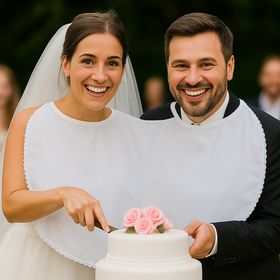 Braut & Bräutigam tragen das Doppel-Lätzchen und schneiden gemeinsam die Hochzeitstorte an