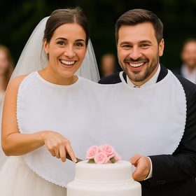 Doppel-Lätzchen weiß mit Spitze Hochzeit Party-Gag für Braut & Bräutigam Für immer zusammen Partyspiele Hochzeitsspiele Geburtstag Jubiläum Silberhochzeit Braut & Bräutigam tragen das Doppel-Lätzchen und schneiden gemeinsam die Hochzeitstorte an
