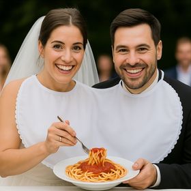Braut & Bräutigam tragen das Doppel-Lätzchen und schneiden gemeinsam die Hochzeitstorte an