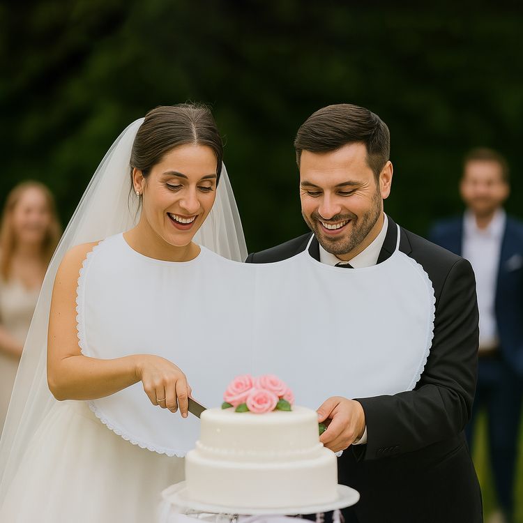 Braut & Bräutigam tragen das Doppel-Lätzchen und schneiden gemeinsam die Hochzeitstorte an