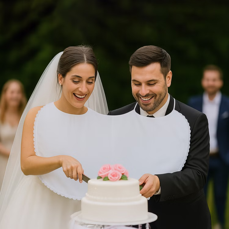 Doppel-Lätzchen weiß mit Spitze Hochzeit Party-Gag für Braut & Bräutigam Für immer zusammen Partyspiele Hochzeitsspiele Geburtstag Jubiläum Silberhochzeit Braut & Bräutigam tragen das Doppel-Lätzchen und schneiden gemeinsam die Hochzeitstorte an