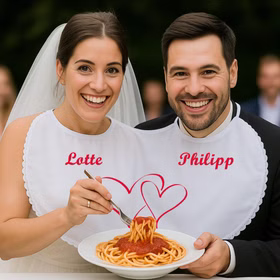 Braut & Bräutigam tragen das Doppel-Lätzchen mit Personalisierung & Doppelherz und essen dabei einen Teller Spaghetti zusammen Hinweis: KI generiertes Bild