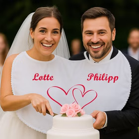 Braut & Bräutigam tragen das Doppel-Lätzchen mit Personalisierung & Doppelherz und schneiden gemeinsam die Hochzeitstorte an Hinweis: KI generiertes Bild