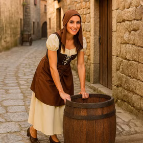 Mittelalter Kostüm Magd Hedwig Kleid mit Haube für Damen Gr. 38-44 Mittelalterfest historische Verkleidung Fasching Karneval Mottoparty Mittelalter Kostüm Magd Hedwig Kleid mit Haube für Damen in mittelalterlicher Umgebung an einem Holzfass leicht gebeugt stehend Hinweis: KI generiertes Bild