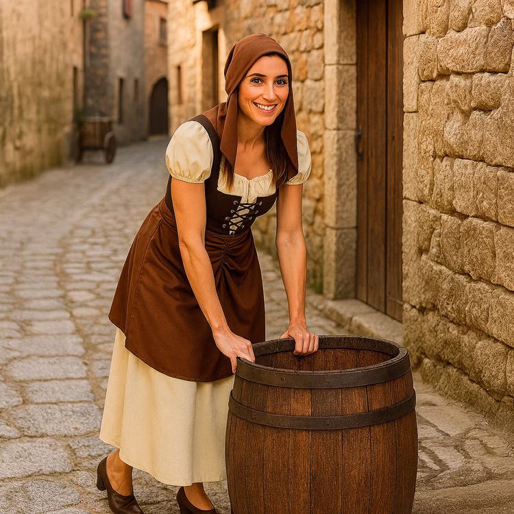 Mittelalter Kostüm Magd Hedwig Kleid mit Haube für Damen Gr. 38-44 Mittelalterfest historische Verkleidung Fasching Karneval Mottoparty Mittelalter Kostüm Magd Hedwig Kleid mit Haube für Damen in mittelalterlicher Umgebung an einem Holzfass leicht gebeugt stehend Hinweis: KI generiertes Bild