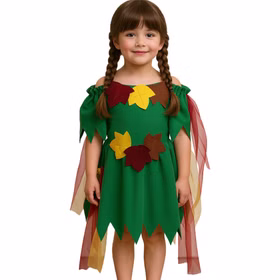 Waldfee Kostüm Elowyn Moosgrün mit bunten Blättern für Kinder gr. 104-128 Kleid Märchen Elfe Fasching Karneval Mottoparty Waldfee Kostüm Elowyn Moosgrün mit bunten Blättern für Kinder mit weißem Hintergrund von Vorne