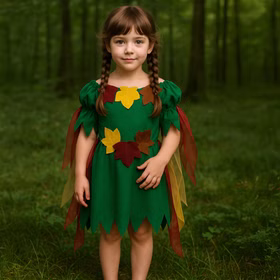 Waldfee Kostüm Elowyn Moosgrün mit bunten Blättern für Kinder gr. 104-128 Kleid Märchen Elfe Fasching Karneval Mottoparty Waldfee Kostüm Elowyn Moosgrün mit bunten Blättern für Kinder mit Waldhintergrund von Vorne