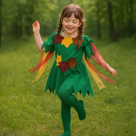 Waldfee Kostüm Elowyn Moosgrün mit bunten Blättern für Kinder gr. 104-128 Kleid Märchen Elfe Fasching Karneval Mottoparty Waldfee Kostüm Elowyn Moosgrün mit bunten Blättern für Kinder von Vorne beim Hüpfen auf einer grünen Wiese