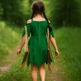 Waldfee Kostüm Elowyn Moosgrün mit bunten Blättern für Kinder gr. 104-128 Kleid Märchen Elfe Fasching Karneval Mottoparty Waldfee Kostüm Elowyn Moosgrün mit bunten Blättern für Kinder von Hinten mit Waldhintergrund