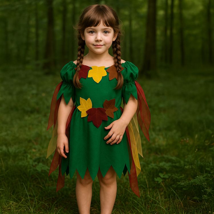 Waldfee Kostüm Elowyn Moosgrün mit bunten Blättern für Kinder mit weißem Hintergrund von Vorne