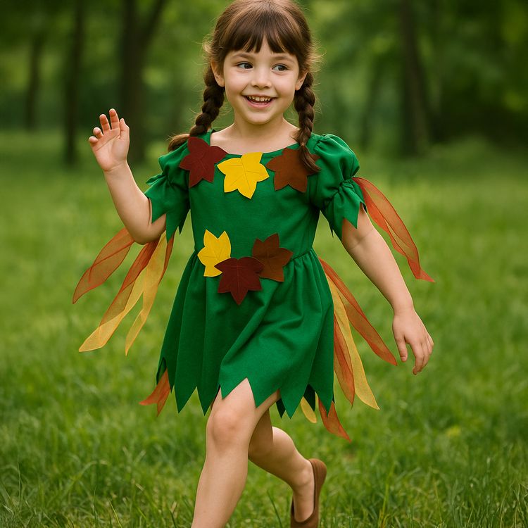 Waldfee Kostüm Elowyn Moosgrün mit bunten Blättern für Kinder mit weißem Hintergrund von Vorne