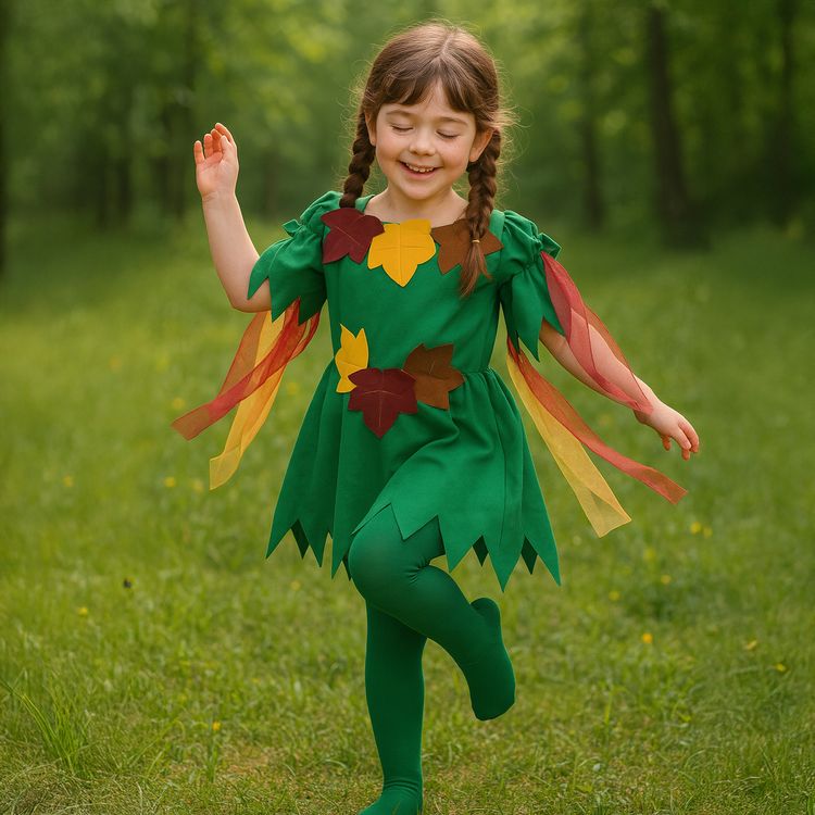Waldfee Kostüm Elowyn Moosgrün mit bunten Blättern für Kinder mit weißem Hintergrund von Vorne